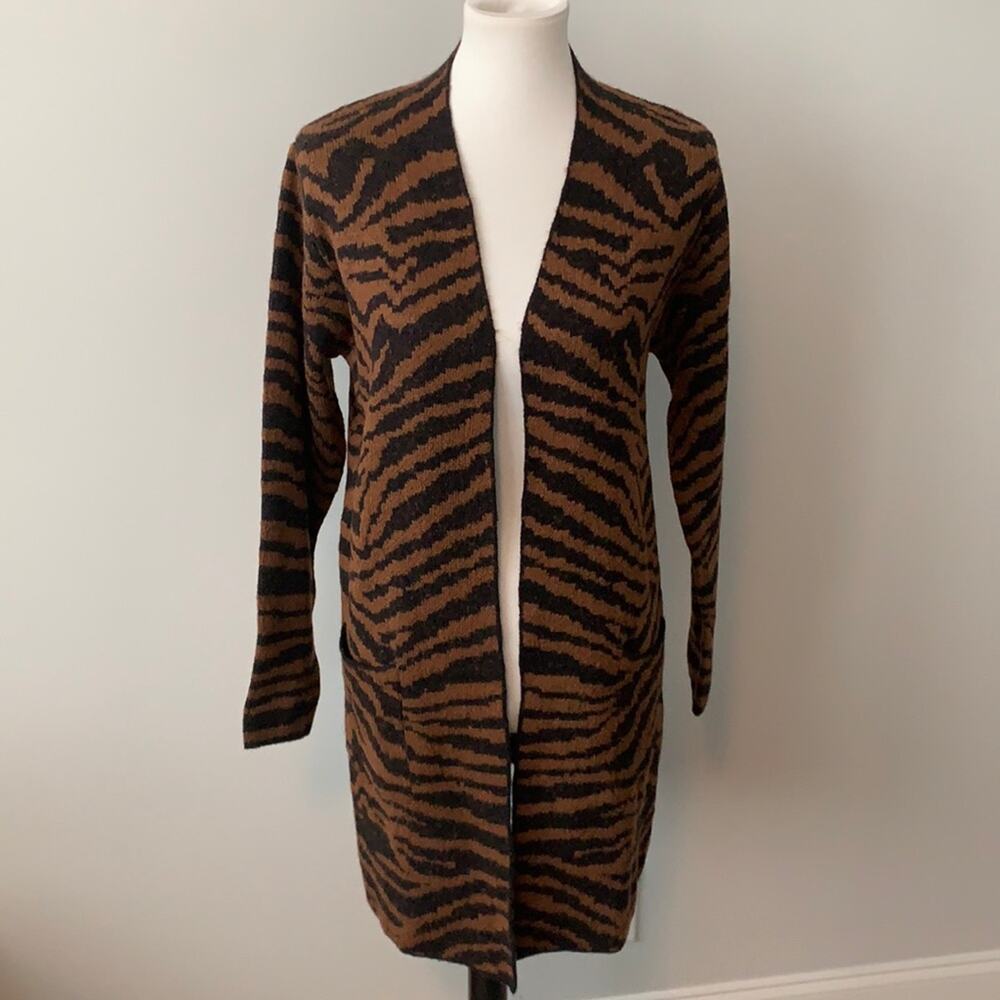 Nine West Open Front Tiger Print Long Cardigan Sweater Pockets Sz Medium MWT